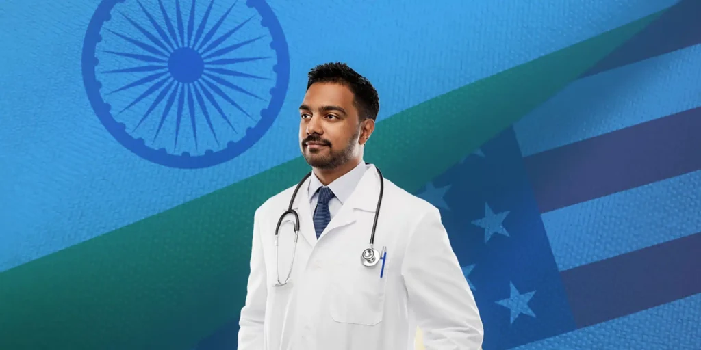 picture-of-indian-doctor-behind-indian-and-american-flag-standing-proud