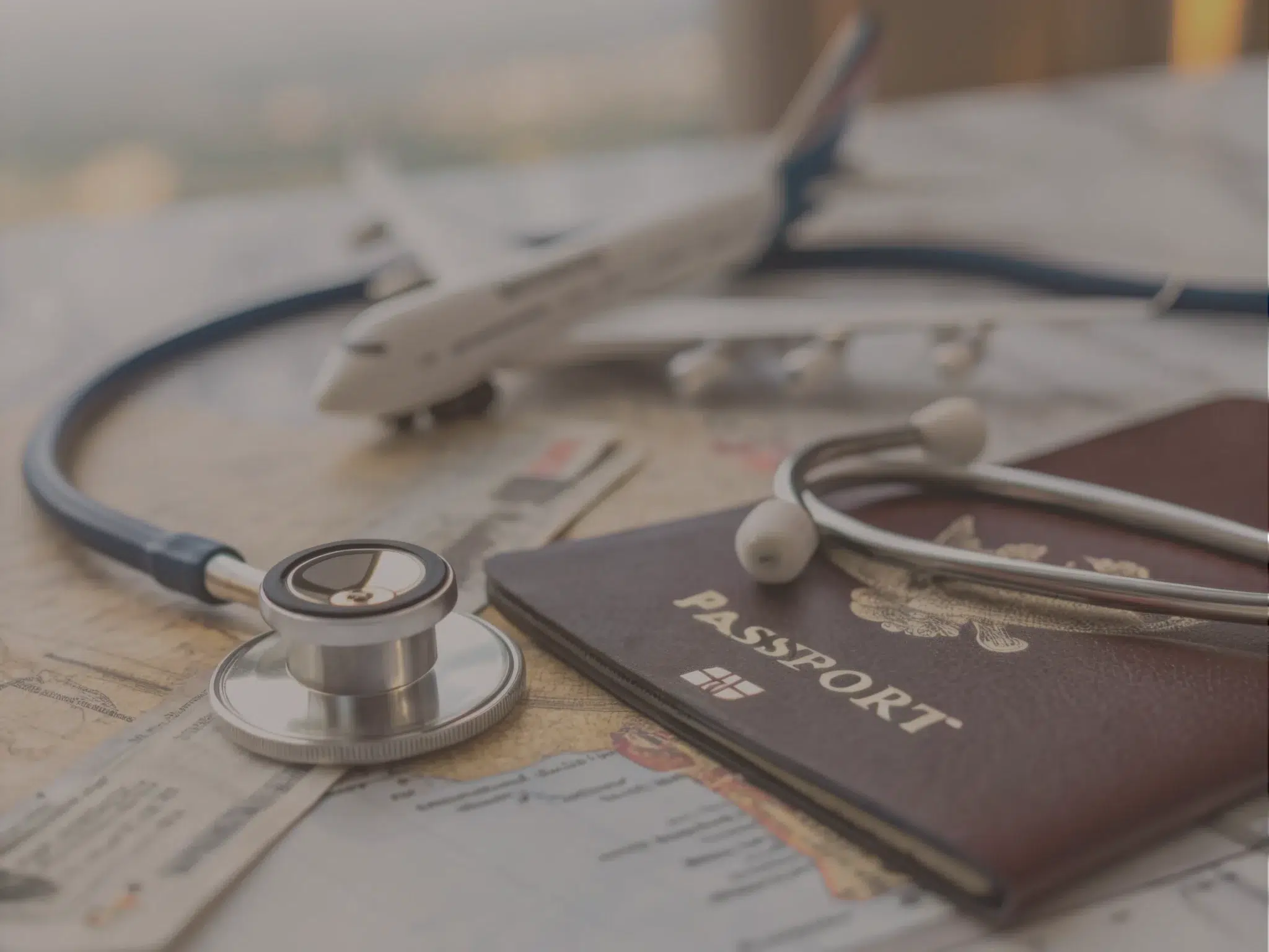 A stethoscope passport and airplane model placed on a travel map symbolizing travel insurance medical tourism and global healthcare coverage