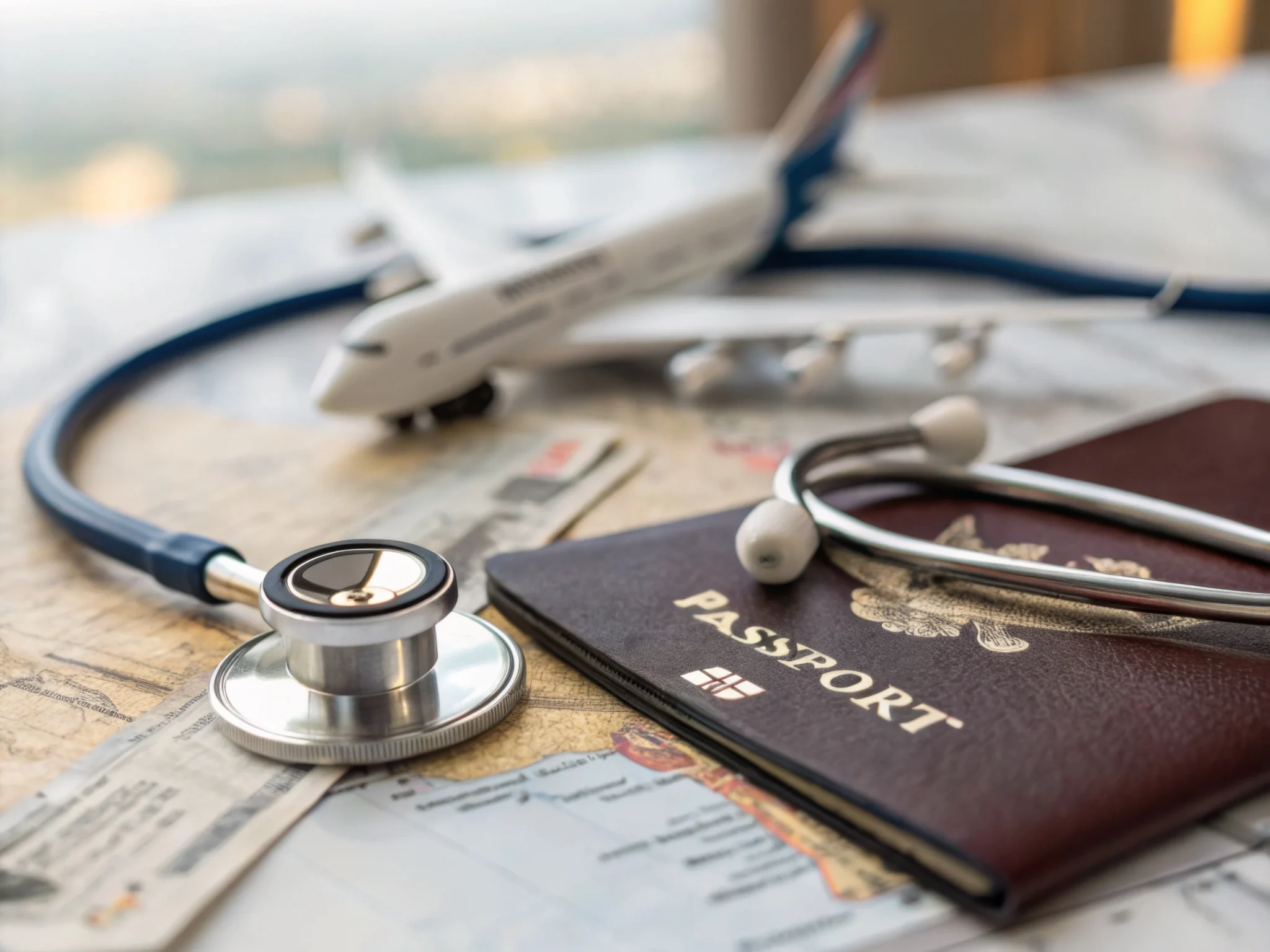 A stethoscope passport and airplane model placed on a travel map symbolizing travel insurance medical tourism and global healthcare coverage